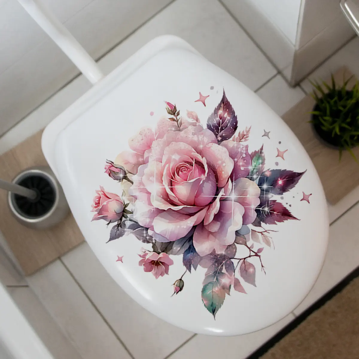 A creative pink glitter rose flower spring toilet sticker, bathtub sticker, bathroom and restroom decorative background wall sticker, Bathroom Decoration Supplies (30*30cm) (M16534-KX) Bathroom Accessories
