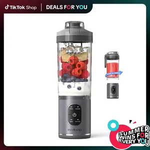 【Deals For You Days】EVOLOOP Personal Blender, Portable Blender for-Smoothies and Shakes, Ice crush, Juice, Pulse, 4 Programs, Cordless, USB-C Rechargeable, 18 oz removable Vessel, Lids and Straws, BPA Free, Dishwasher Safe
