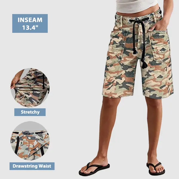 Flamingals Camo Print Patch Pocket Eyelet Drawstring High Rise Bermuda Shorts Womenswear Stretchy 13.4" Inseam Flamingals Camo Print Patch Pocket Eyelet Drawstring High Rise Bermuda Shorts Womenswear Stretchy 13.4" Inseam