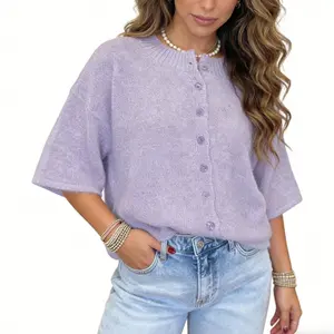 Asvivid Women's 3/4 Sleeve Loose Fit Knit Button Down Sweater Cardigan Knitwear Womenswear Knitting Tops