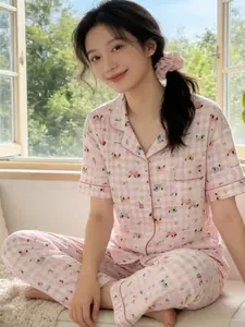 Style Plaid Dog Cartoon Sleepwear Set for Women, Homeewear Suit, Comfortable and Cute Pajamas for Girls
