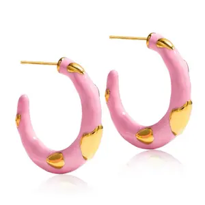 18K Gold-Tone Heart Hoop Earrings Pink Enamel Stainless Steel
