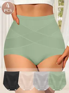 Women's High Waist Underwear 4-Pack - Full Coverage Tummy Control Panties - Breathable Cotton Comfort for Daily Wear, Postpartum & All Seasons (Solid Colors) Fabric Fit Smooth Soft Womenswear Essential Everyday Clothes Gamis High Stretch Seamless