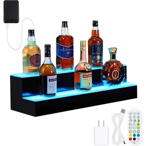 LED Lighted Liquor Bottle Display Shelf for Home Bar – 2-Tier Acrylic Wall-Mounted Rack – Multicolor Lighting, Remote & App/Wireless Connection Control, Modern Rectangle Design