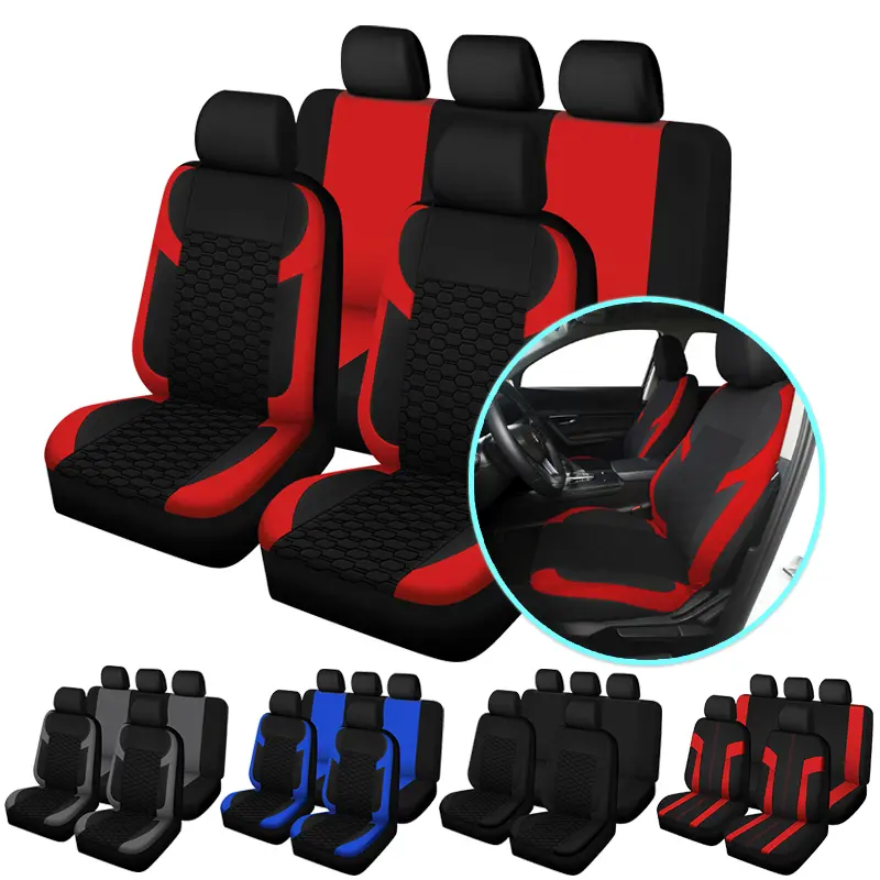 TOYOUN Car Seat Covers Full Set, Universal Fit Front and Rear Seat Covers, Breathable Fabric Automotive Seat Cover Set with Removable Headrest Covers, Red and Black Car Interior Accessories for Cars SUV Trucks Vans