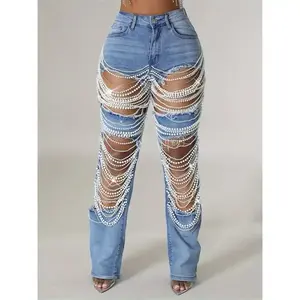 [Mid-Rise Distressed Ripped Jeans] Straight Leg Jeans for Women Mid-Rise Distressed Ripped Hole Pearl Chain Boyfried Denim Pants