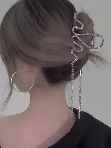 Irregular Wave Shape Design Hair Claw Clip, Rhinestone Decorated Tassel Hair Claw Clip, Elegant Plain Hair Accessories for Women & Girls, Fashion Accessories for Party and Daily Life, Goddess Hair Clip