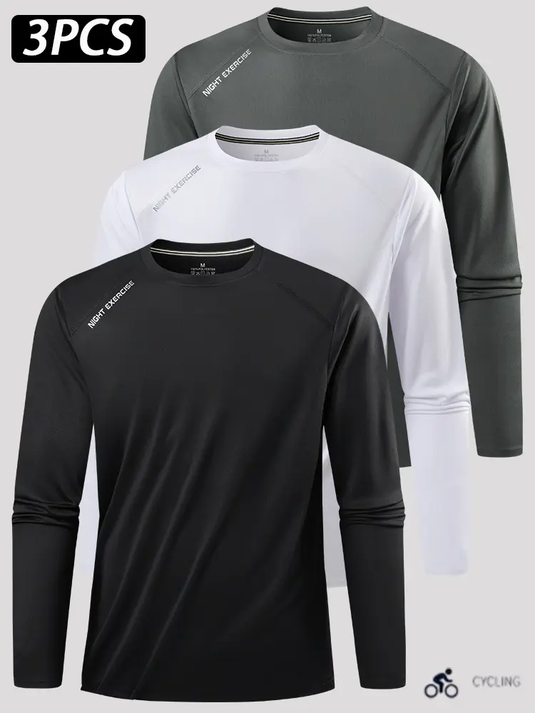 Men’s Long Sleeve Athletic Shirt, Quick Dry Breathable Lightweight Workout Top, Moisture Wicking Crew Neck Performance Tee for Gym Running Hiking Training, Reflective Shoulder Print, Casual Sportswear, 1 Pack 2 Pack 3 Pack Options