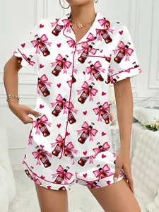 Women's Sleepwear Set Top and Shorts Butterfly Knot Pattern, Button Front, Comfortable Breathable Home Wear, Casual Daily Use