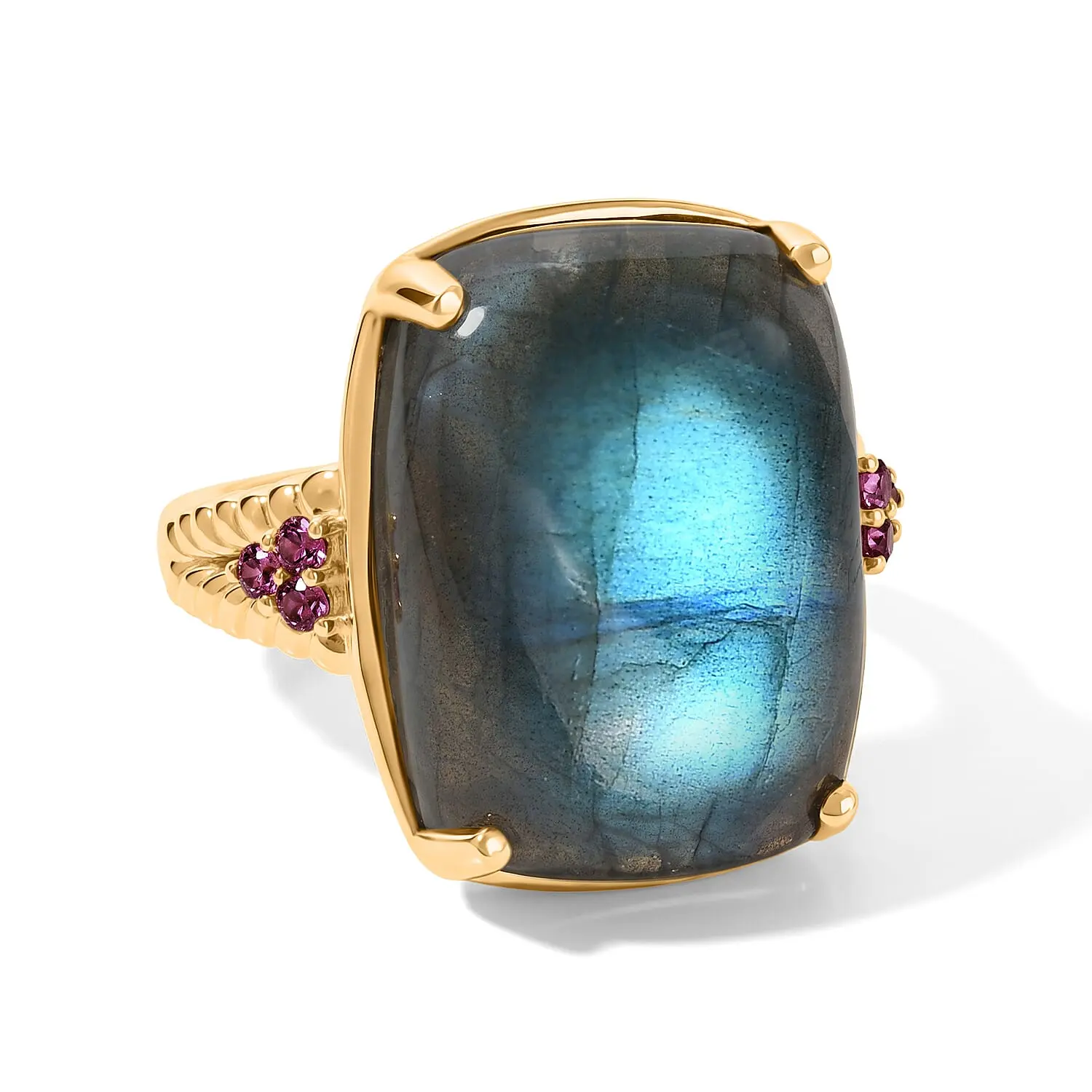 EverTrue AAA Malagasy Labradorite, Lotus Garnet Ring in 18K YG Plated (Size 7.0) 19.70 ctw EverTrue AAA Malagasy Labradorite, Lotus Garnet Ring in 18K YG Plated (Size 7.0) 19.70 ctw