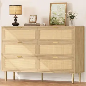 Rattan 6 Drawer Dresser  Wide Double Dresser with Gold Handles and Legs  Modern Chest with Large Storage for Bedroom or Living Room  Oak
