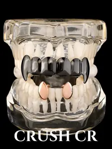 CRUSH CR 1pc 14K Gold Plated Copper Black Fangs & Rose Gold Dual-Tooth Grillz Set, Unisex Hip-Hop Tooth Jewelry Accessory For Black Women, Girls & Men, Suitable For Parties, Gothic Style & Street Fashion