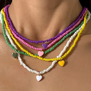 5Pcs Vibrant Enamel Heart Pendant Necklace Set - Colorful Rainbow Beads, Fashionable Women's Jewelry Kit, Cute Heart-Shaped Design, Perfect for Holiday Gifts, Everyday Wear, and Special Occasions
