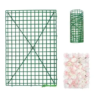 10 Pack Dark Green Plastic Mesh Flower Wall Panels, Artificial Plant Wall Fences Backdrop Grid Frames - 24"x16"
