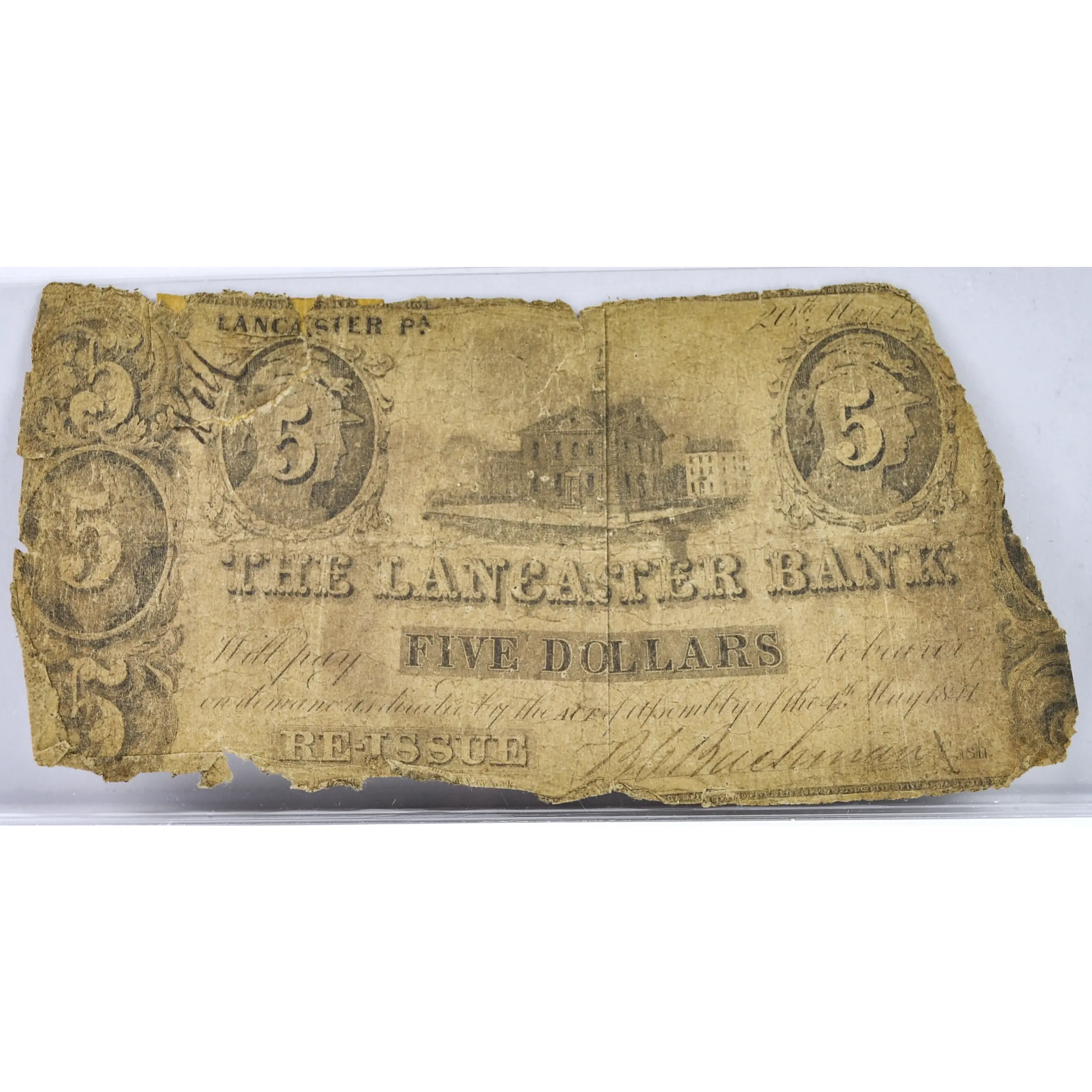 1841 The Lancaster Bank 5 Dollar Re-Issue Relief Banknote - 1849 Re-Issue - Pennsylvania Obsolete - 1849 Lancaster PA Five Dollar Obsolete