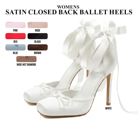 CYNLLIO Womens Satin Ballet Heels Closed-Back Pumps Bownot Ribbon Square Toe Elegant Lace Up Ballerina Stiletto Heel Ankle Strappy Mary Janes Slip On Comfy Wedding Party Casual Work Dating Outing Fashionable Dress Summer Heels Shoe