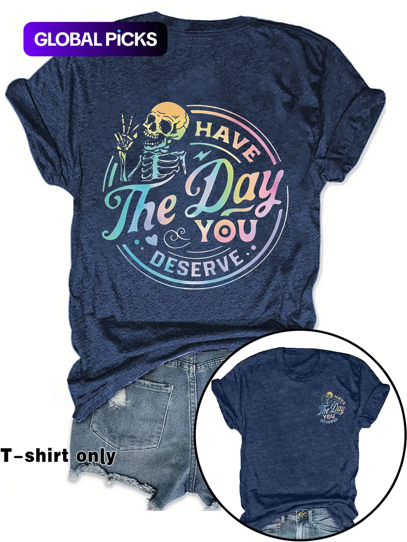 Women's Casual Everyday Fitted Graphic Letter Print Round Neck Short Sleeve T-Shirt, Spring Summer Streetwear Fashion Tee, Fun Skull Pattern, Inspirational Gradient Design, Womenswear