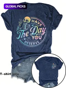 Women's Casual Everyday Fitted Graphic Letter Print Round Neck Short Sleeve T-Shirt, Spring Summer Streetwear Fashion Tee, Fun Skull Pattern, Inspirational Gradient Design