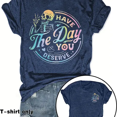 Women's Casual Everyday Fitted Graphic Letter Print Round Neck Short Sleeve T-Shirt Top, Spring Summer Streetwear Fashion Tee, Fun Skull Pattern, Inspirational Gradient Design