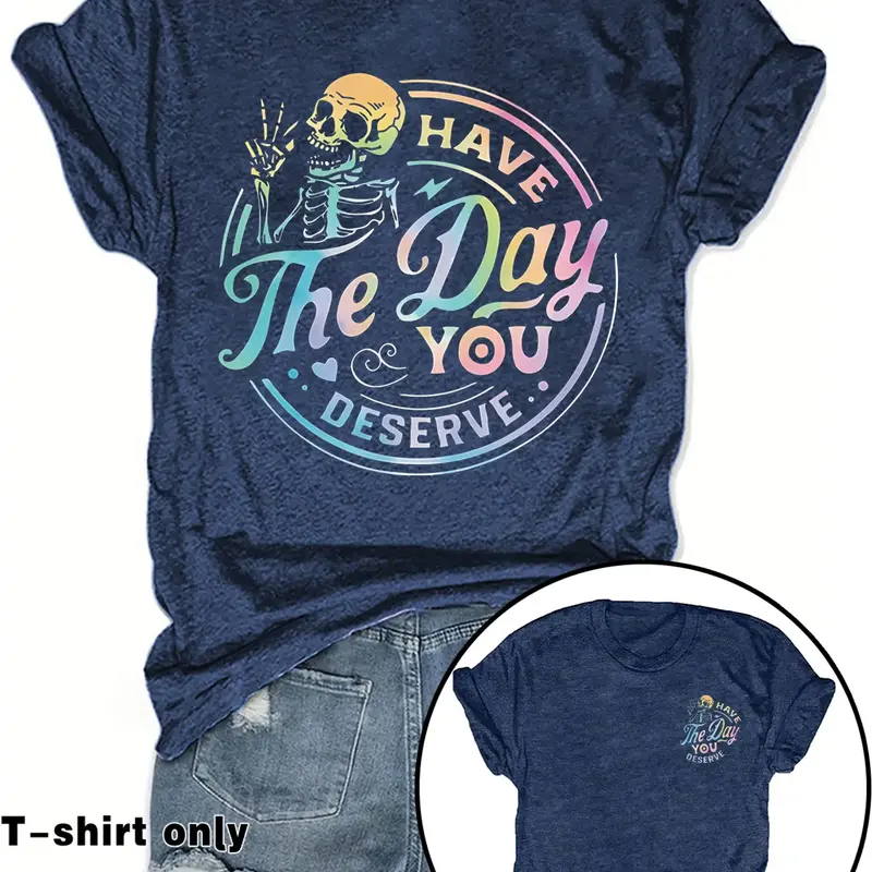 Women's Casual Everyday Fitted Graphic Letter Print Round Neck Short Sleeve T-Shirt Top, Spring Summer Streetwear Fashion Tee, Fun Skull Pattern, Inspirational Gradient Design