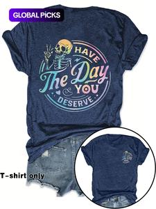 women's skeleton & letter print round neck shortsleeve tee, fashion casual crew neck t-shirt for daily holiday vacation outdoor wear, ladies clothes for spring, women's clothing, womenswear