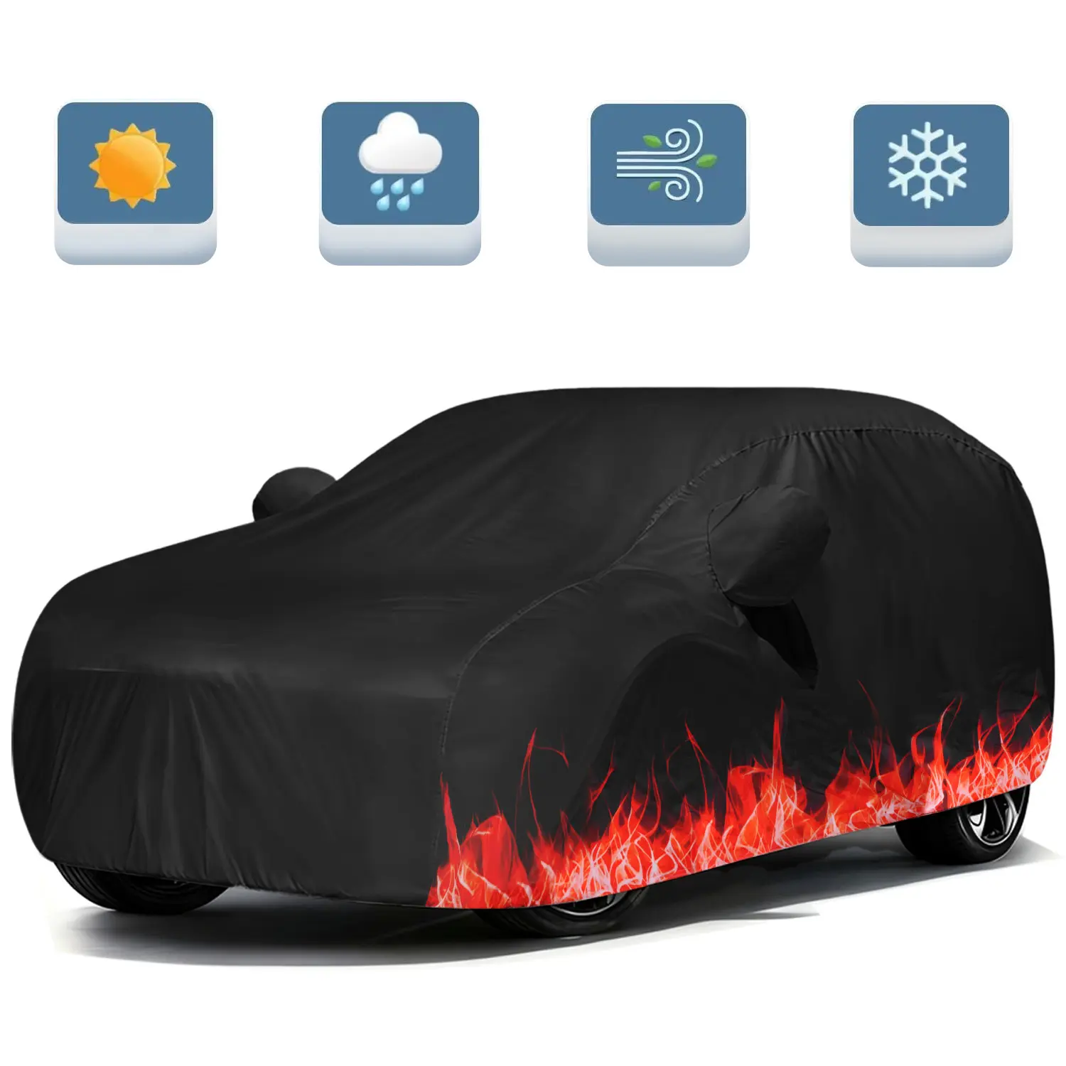 200T Flame Print Universal Car Cover, Heavy Duty All-Weather Waterproof Anti-UV Dustproof Scratch Resistant Full Coverage with Reflective Strips for Sedan SUV Outdoor Garage Protection,The Best Gift for Father's Day