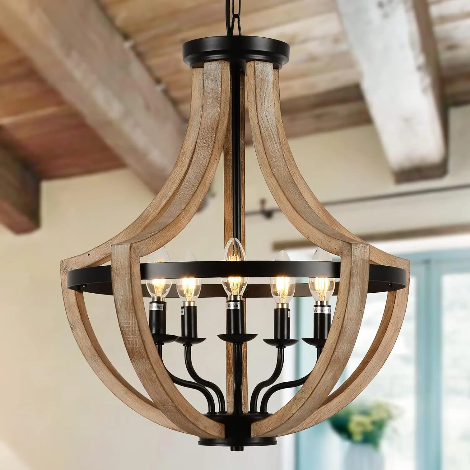 YYDS 19" Farmhouse Chandelier Light Fixtures, 5-Light Dining Room Light Fixtures Over Table, Solid Wood Modern Chandeliers for Dining Room Living Room Kitchen Island Bedroom Foyer, Height Adjustable, Brown