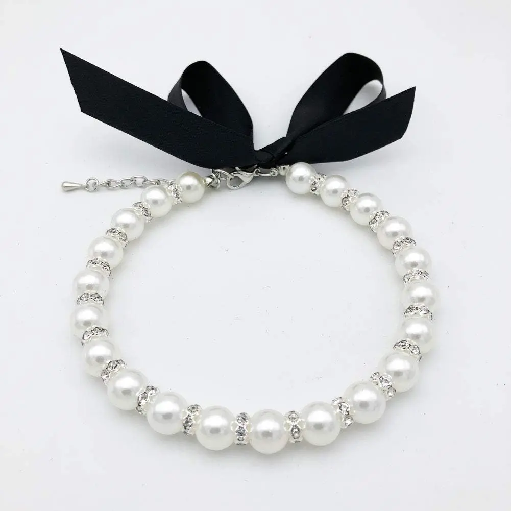 Bling Rhinestones Studded Dog Pearls Necklace with Matching Ribbon Bow Collar - Decorative Wear for Small Female Dogs, Puppies (Chihuahua, Yorkie) - Wedding Costume Accessories (Snow White, Size S), Collars