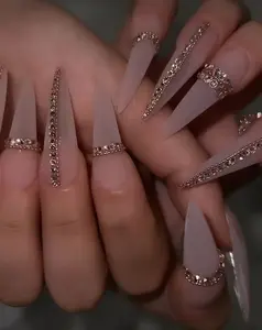 Icy Nude Rhinestone Press On Nails, Matte Stiletto Nails with Crystal Detail Luxury Set, Nude Jelly Pink Diamond Charm Fake Nails