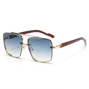 Rimless Square Gradient Lens Wood Grain Temple Metal Frame Retro Trendy Unisex Fashion Sunglasses