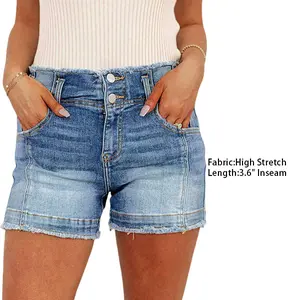 Flamingals Raw Trim Ripped Dual Button High Waist Denim Shorts Minimalist Womenswear Bottom