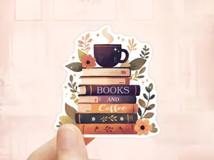 Books and Coffee Sticker, Kindle Stickers, Book Lover gift, Bookish Decal, Laptop Sticker, Waterproof Sticker, Reading Sticker, Library