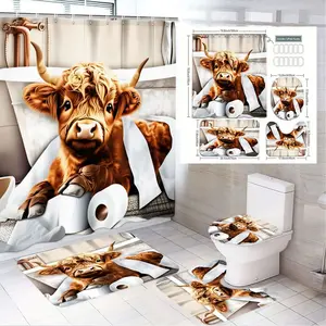1/4pcs Whimsical Highland Cow Bathroom Set Shower Curtain Sets with Bath Mat Toilet Seat Cover & Decor - Farmhouse Animal Theme, Perfect for Easter, St Patrick's Day, Valentine's Day & Decorative Home Decor, Charming Cow & Toilet Paper Design