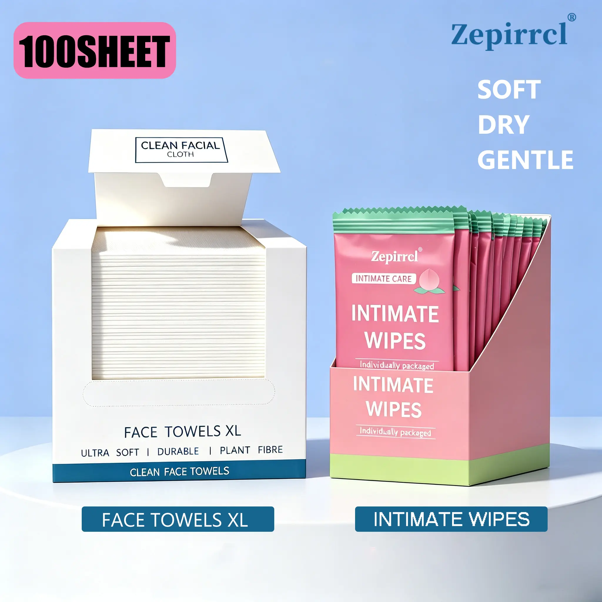 100sheet Disposable Boxed Facial Wipes + Disposable Intimate Wipes—Soft, Gentle, and Thick. Ideal for home, on-the-go, adventures, travel, and dates. 15 x 20 cm / 26 x 30 cm