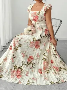 Women's Plus Size Spring Summer Casual Boho Fashion Pleated Elegant Dress, Sleeveless Midi Dress, Loose-Fitting Floral Pattern