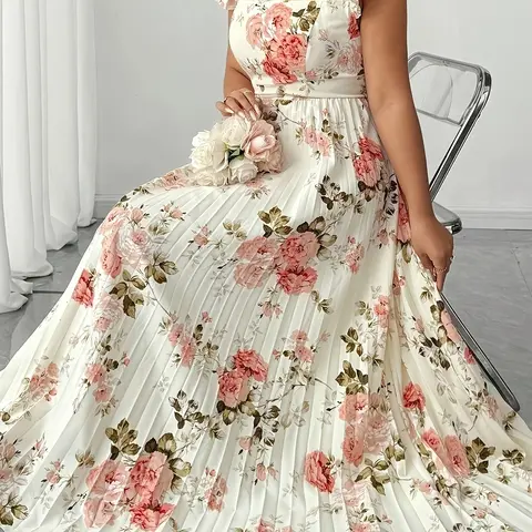 Women's Plus Size Spring Summer Fashion Pleated Elegant Aesthetic Dress, Sleeveless Midi Dress, Loose-Fitting Floral Pattern, Casual Bohemian Summer Dress
