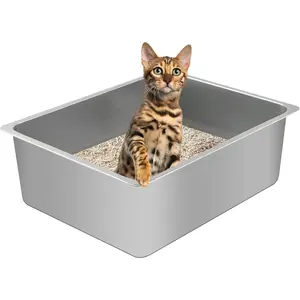 Stainless Steel Cat Litter Box - Medium to Large Indoor Metal Litter Pan Tray, High Sided, Easy to Clean No Stick Rustproof Odorless Pet Toilet for Cats Kitty Rabbit (Silver, 17.7" x13.8" x6")