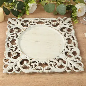 6-Pack Acrylic Charger Plates 12" Square Antique White with Hollow Lace Border - Event Tabletop Decorative Charger Tableware