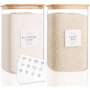 2 Pack Square Glass Flour and Sugar Containers with 132 Kitchen Pantry Labels - Thicken 149 FL OZ Large Glass Storage Jars with Airtight  Lid - Big  Canisters for Rice, Pasta, Cookie