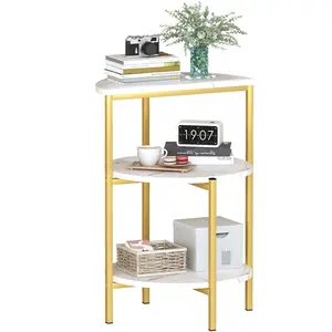 Lamerge Marble Side End Table, 3-Tier Sofa Side Table,Small Round Coffee Table Bedside Table, Corner Table w/Metal Frame for Living Room Bedroom, White+Gold
