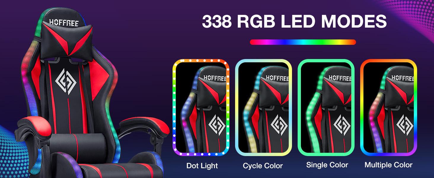 HOFFREE RGB Gaming Chair with Speakers Massage Computer Gaming Chair with LED Lights and Footrest High Back Video Game Chair for Adults Red and Black