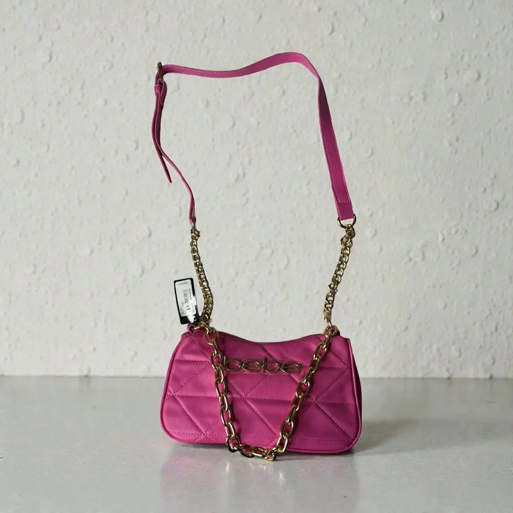 Bebe Pink Quilted Crossbody Bag with Golden Chain Strap and Adjustable Strap for Everyday Use