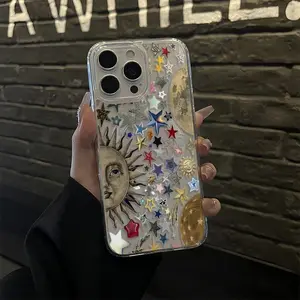 Oil Painting Retro Sun Star Pattern Magnetic Phone Case for iPhone 11 12 13 14 15 16 17 Pro Max Air X XR XS Plus, Supports Wireless Charging, Shockproof Anti-Slip Silicone Transparent Acrylic Protective Cover