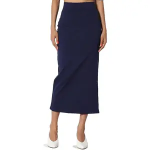 Side Slit High Waist Stretch Ponte Knit Mid Calf Long Pencil Skirt