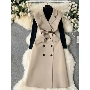 Women's Classic Casual Sleeveless Blazer Jacket, Pure Color Belted Design, Slim Fit, Elegant Office Semi-Formal Wear, Womenswear Can be used with raincoat