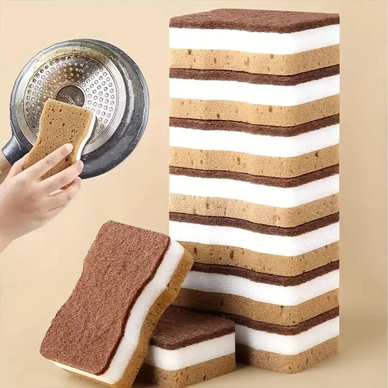 [Powerful Stain Removal] Waist Magic Wipe | 5pcs | Brown Three-layer | Double-sided Double-effect Powerful Stain Removal | Kitchen Bathroom Bathtub Floor Special Dishwashing Sponge Wipe Scrubbing Pad Cleaning Pad