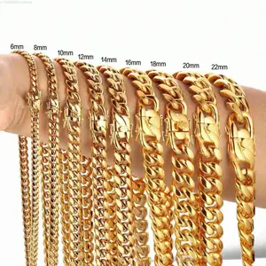 6-14mm Titanium Cuban Necklace Hip Hop 18k Gold Plated Cuban Bracelet Mens Miami Stainless Steel Cuban Link Chain