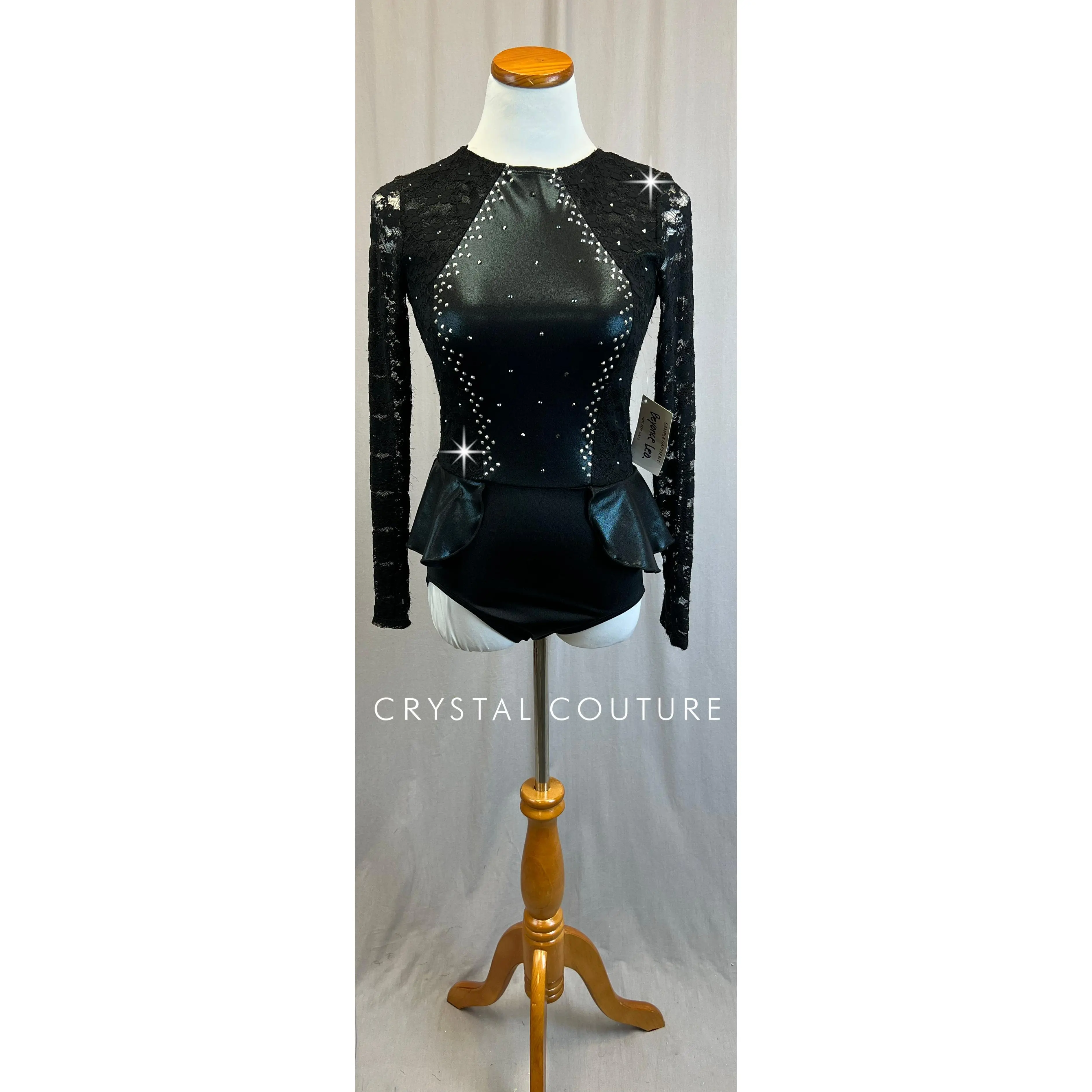 *Brand New* Black Lace and Metallic Lycra Long Sleeve Leotard with Peplum Skirt  - Rhinestones