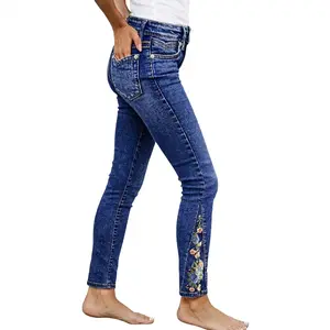 Flamingals Wash Floral Embroidery V Cut Pocket High Rise Skinny Jeans Womenswear Stretchy 27.4" Inseam