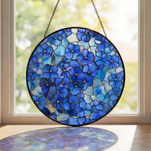 Blue Hydrangea Stained Glass Suncatcher, Wildflower Floral Window Hanging, Vintage Aesthetic Sun Catcher, Garden Decor Gift for Home